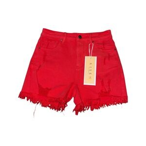 Risen Denim Shorts Womens Small Red Distressed Frayed Hem High Rise NEW